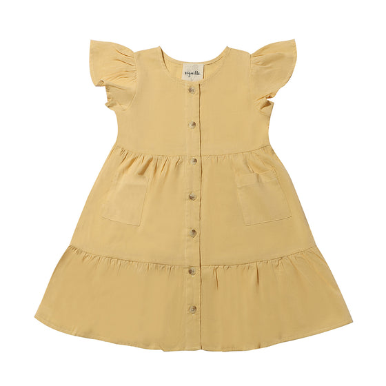 Yellow sun dress with flutter sleeves and pockets