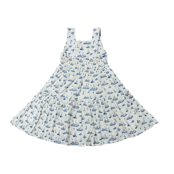 A white sun dress with all over nautical boat print, size 12-18m-16y