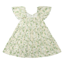  White tiered cotton sundress with green floral print and eyelet detail.