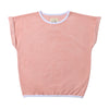 A soft pink Terry cloth tee with white piping, comes in sizes 12-18 months -16 years.