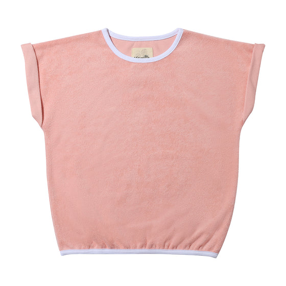 A soft pink Terry cloth tee with white piping, comes in sizes 12-18 months -16 years.