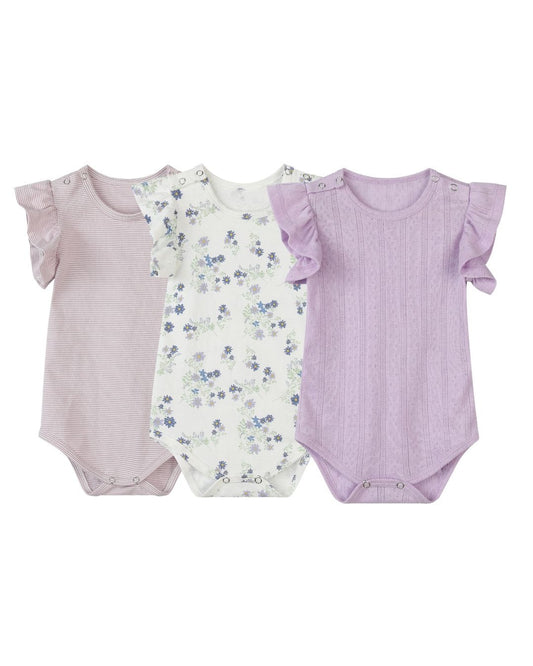 wren onesies in lavender stripe/floral/pointelle