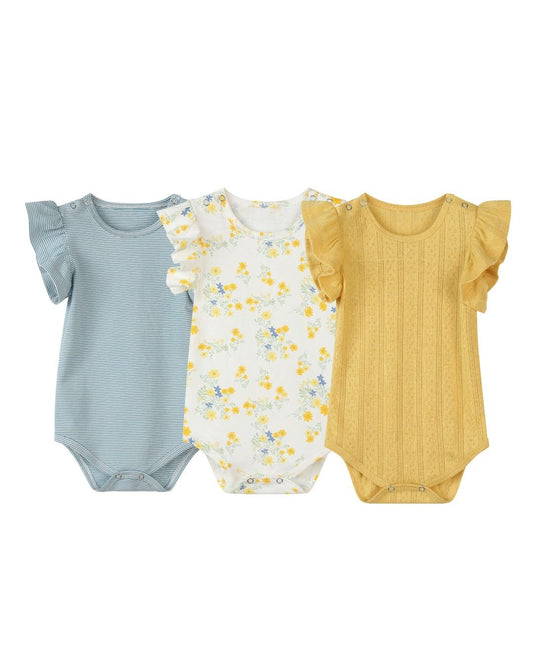 wren onesies in blue & yellow stripe/floral/pointelle