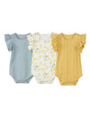 wren onesies in blue & yellow stripe/floral/pointelle