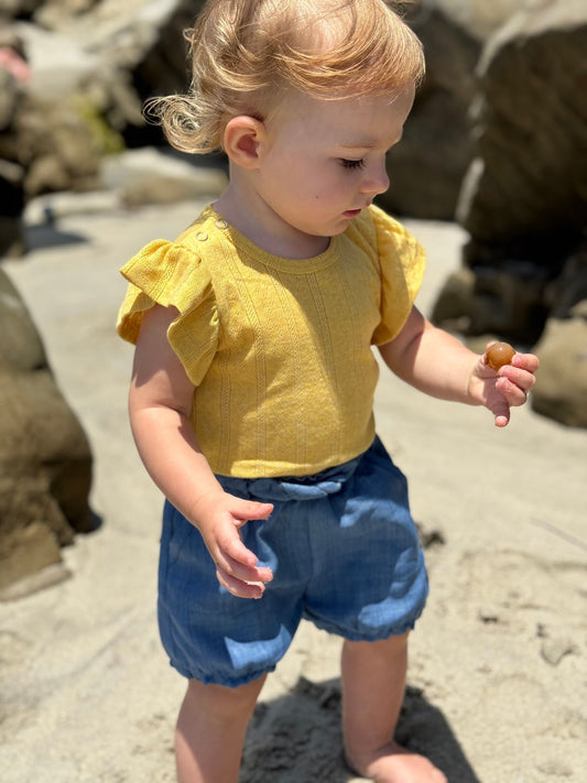 wren onesies in blue & yellow stripe/floral/pointelle