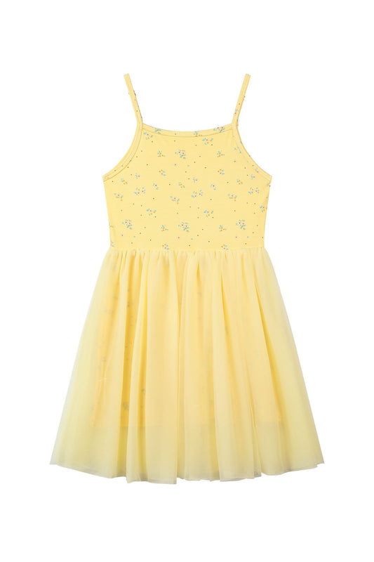 kaia dress in yellow floral with tulle