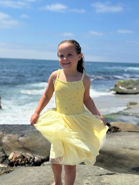 kaia dress in yellow floral with tulle