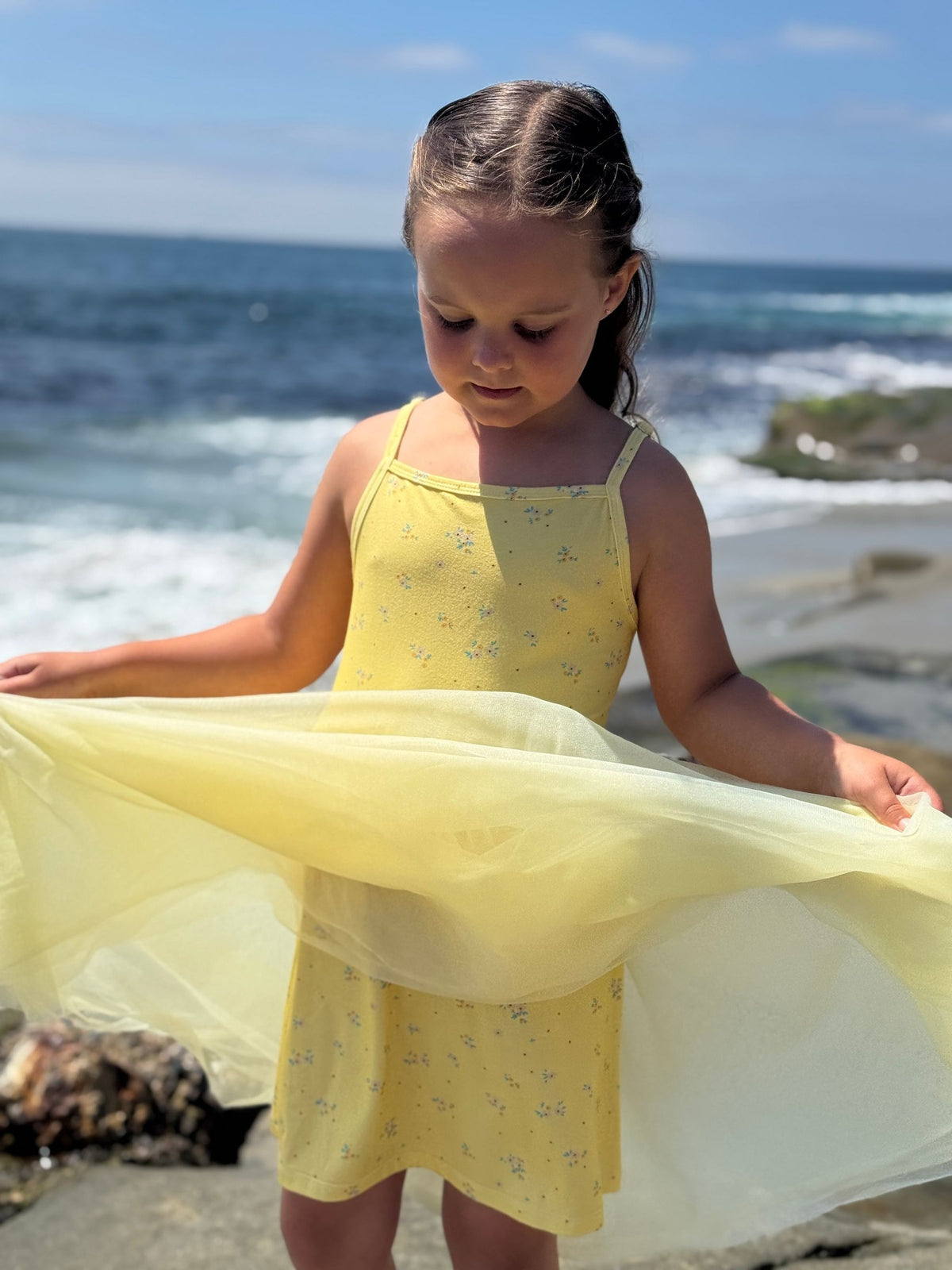 kaia dress in yellow floral with tulle