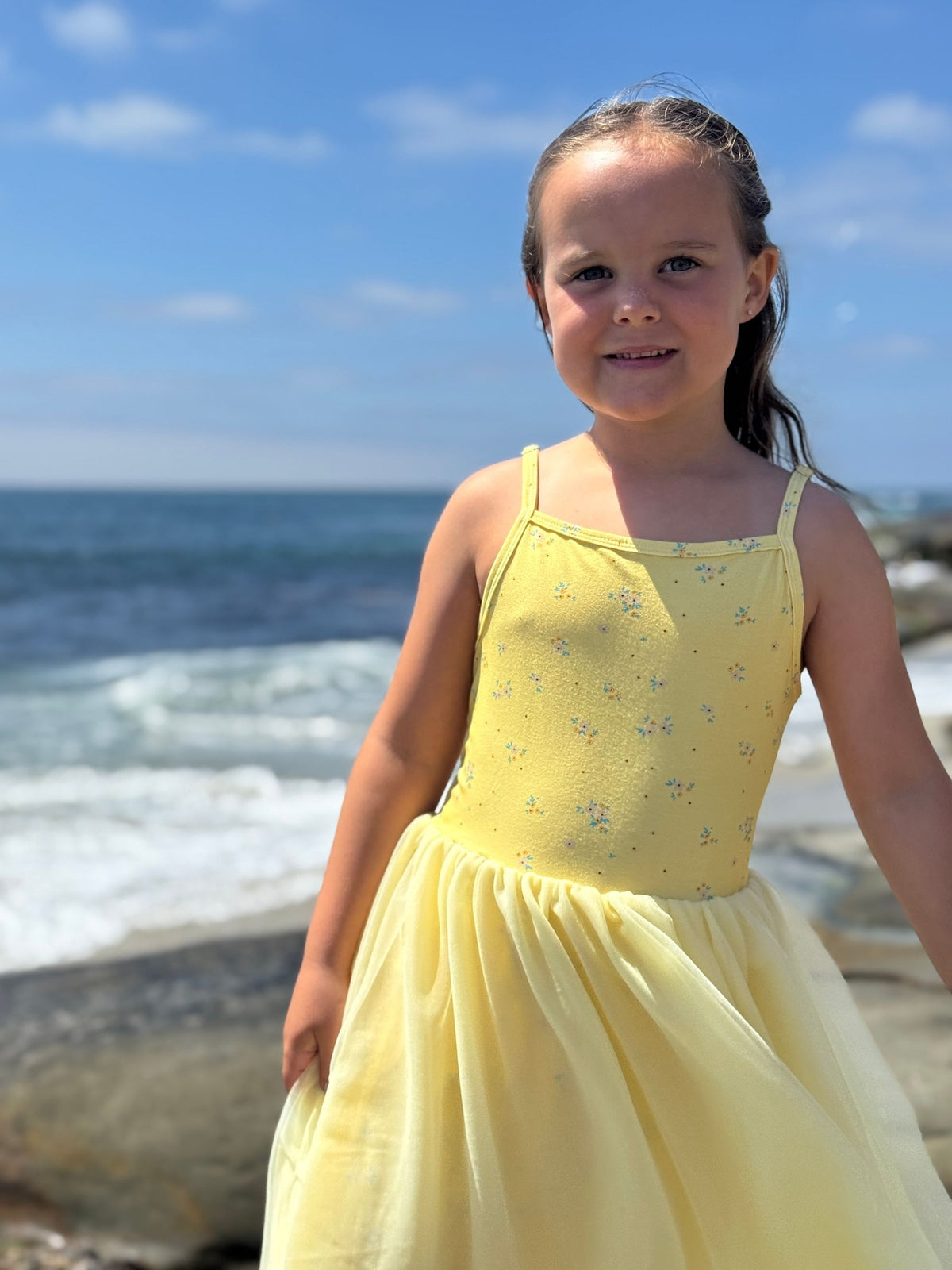 kaia dress in yellow floral with tulle