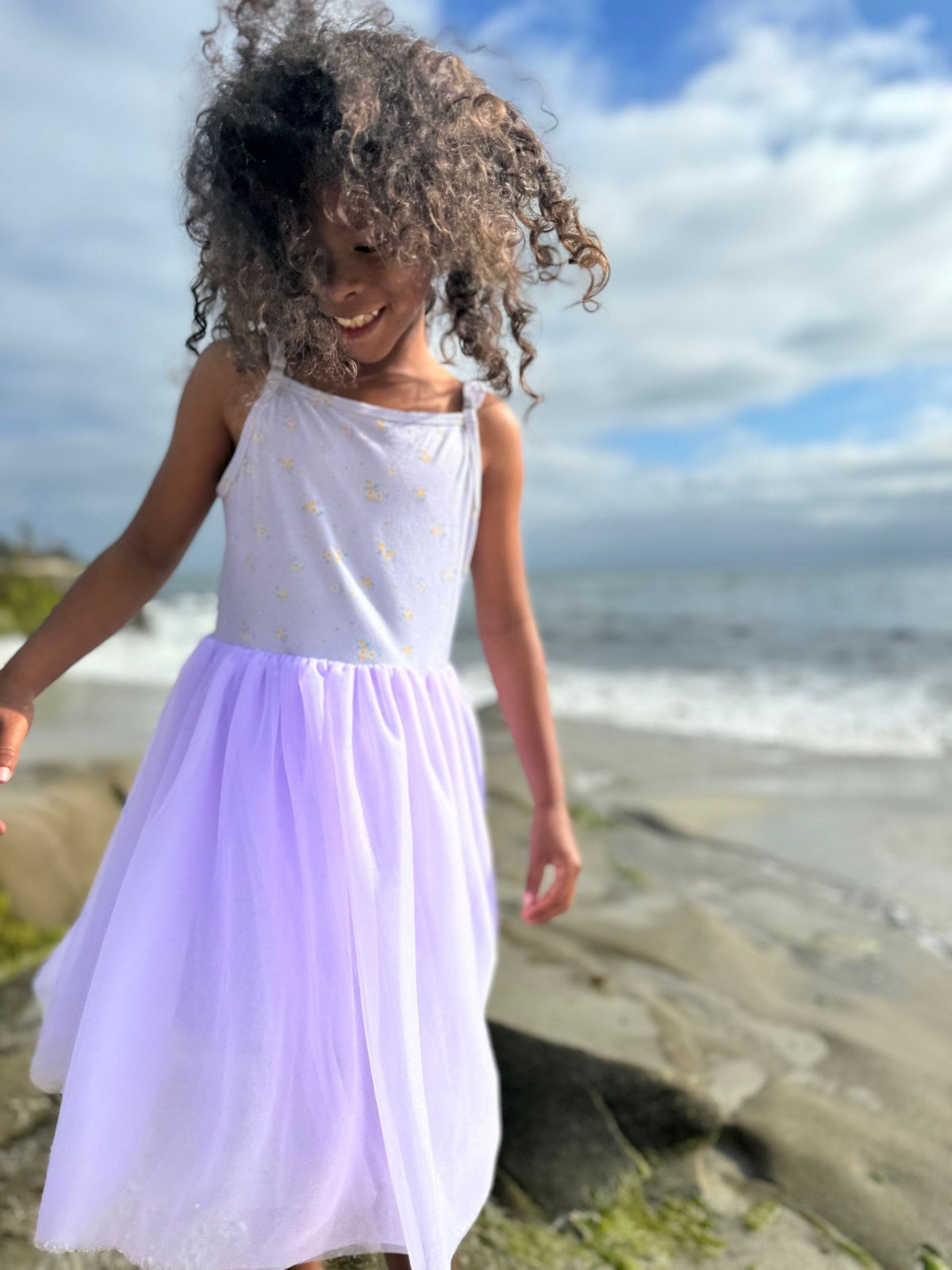 kaia dress in lavender floral with tulle