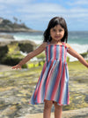 savannah dress in red blue multi-stripe