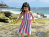 savannah dress in red blue multi-stripe
