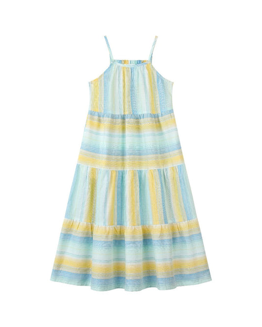 sage dress in yellow & blue stripe