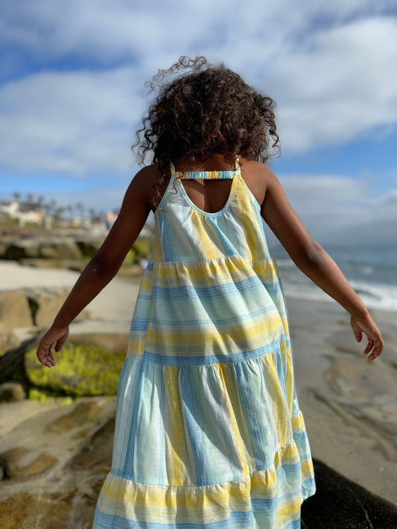 sage dress in yellow & blue stripe – vignette