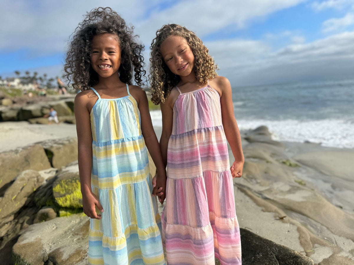 sage dress in yellow & blue stripe