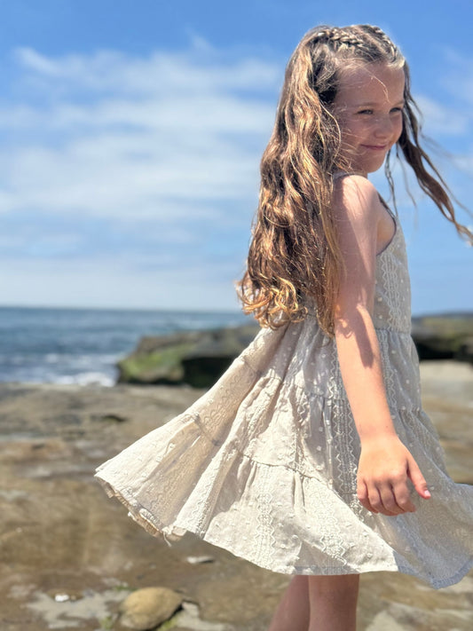 tess dress in oatmeal embroidered