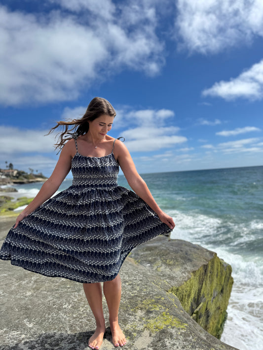 evelyn dress in navy embroidery