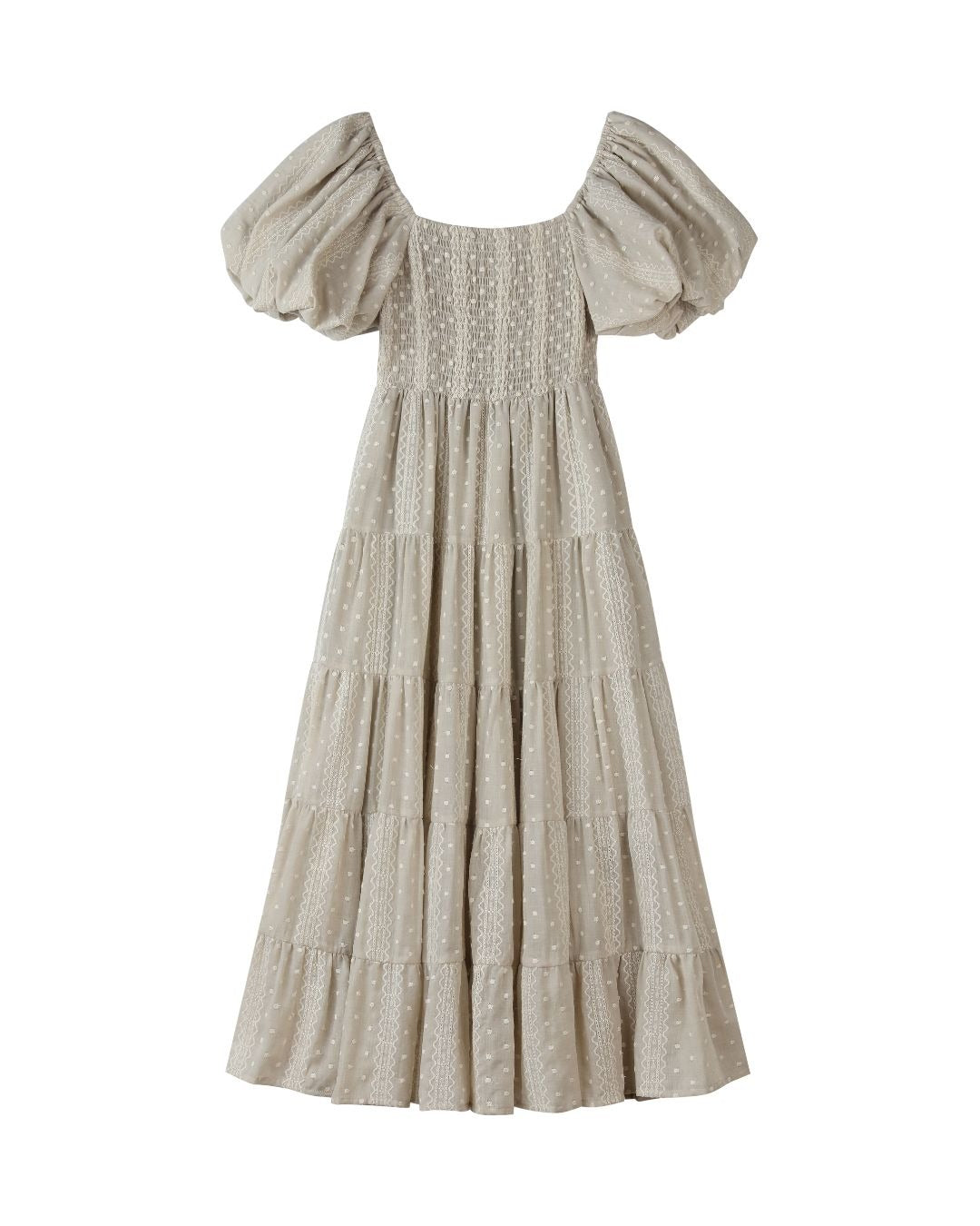 beth dress in oatmeal embroidered