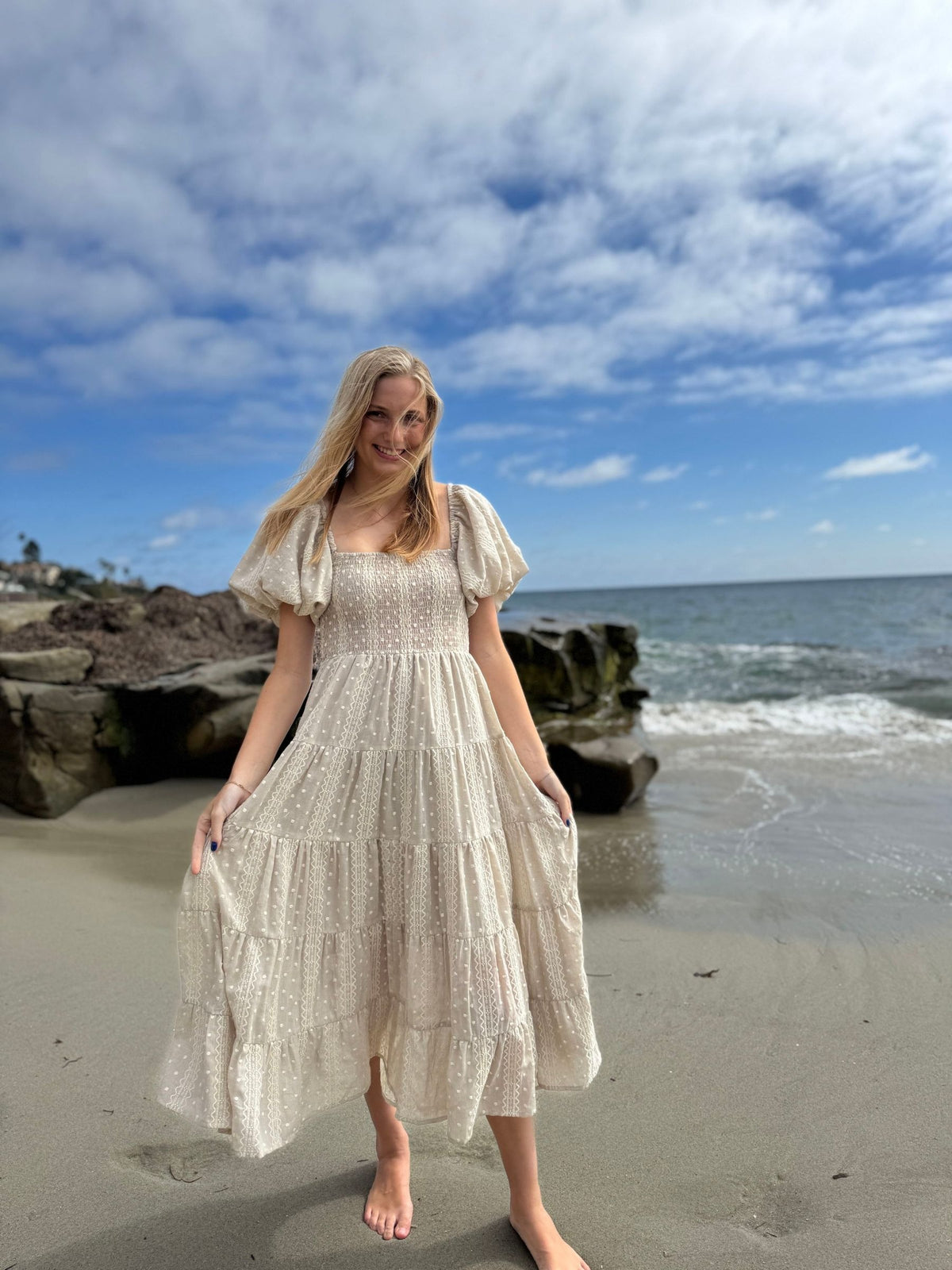 beth dress in oatmeal embroidered