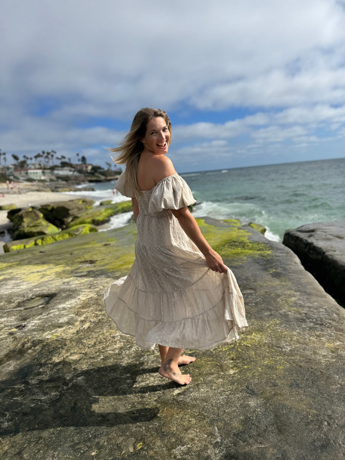 beth dress in oatmeal embroidered