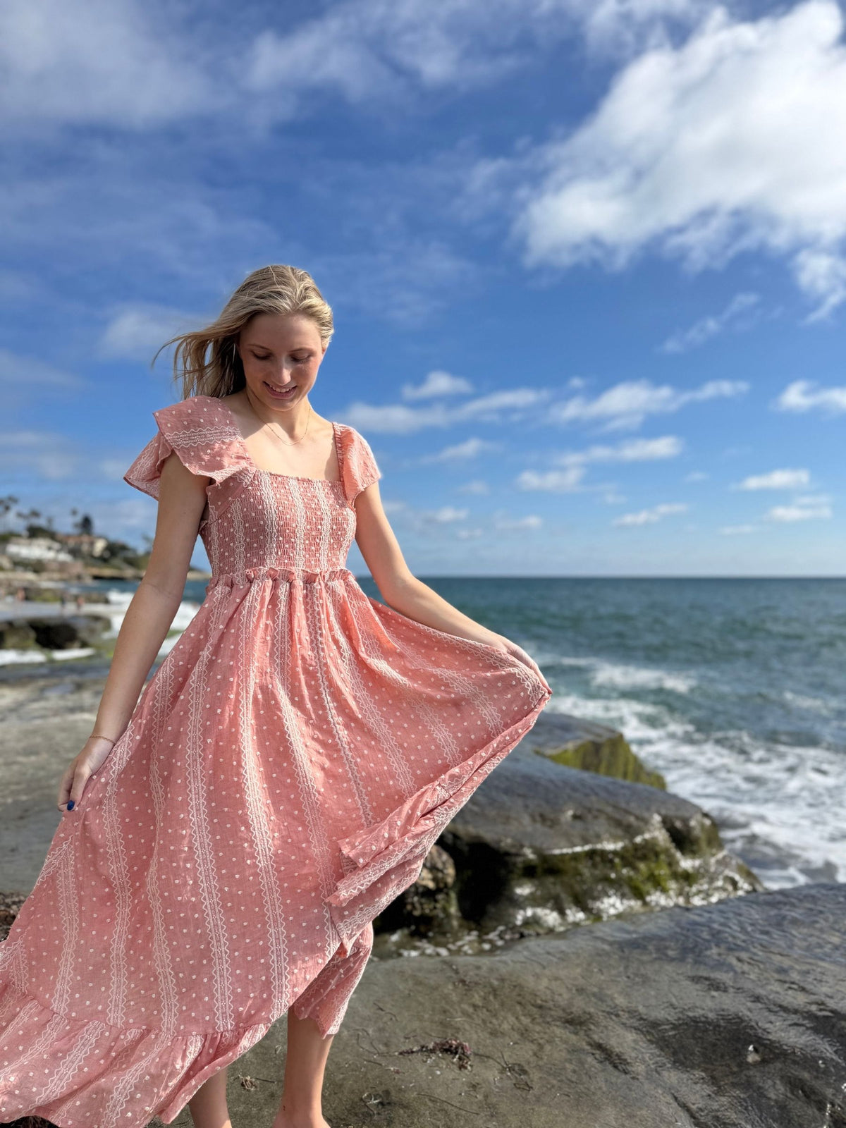 polly dress in dusty rose embroidered