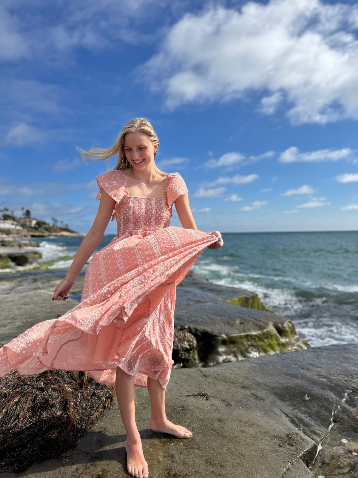 polly dress in dusty rose embroidered