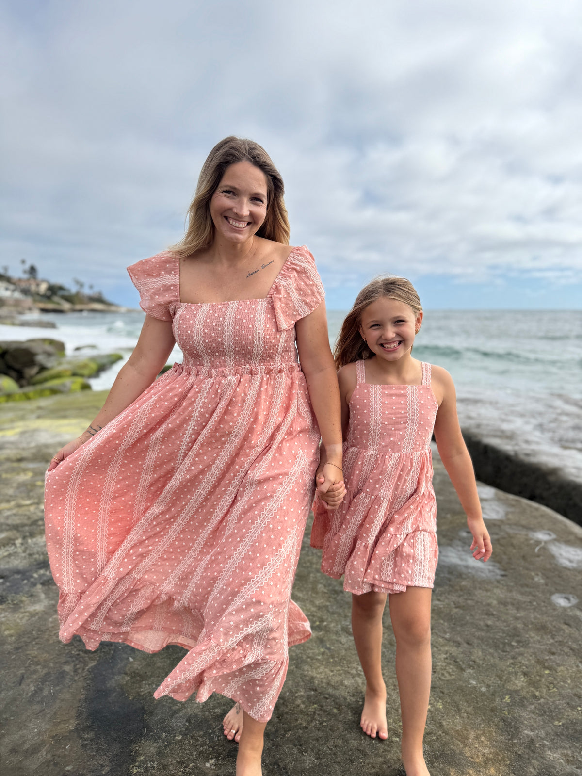 polly dress in dusty rose embroidered