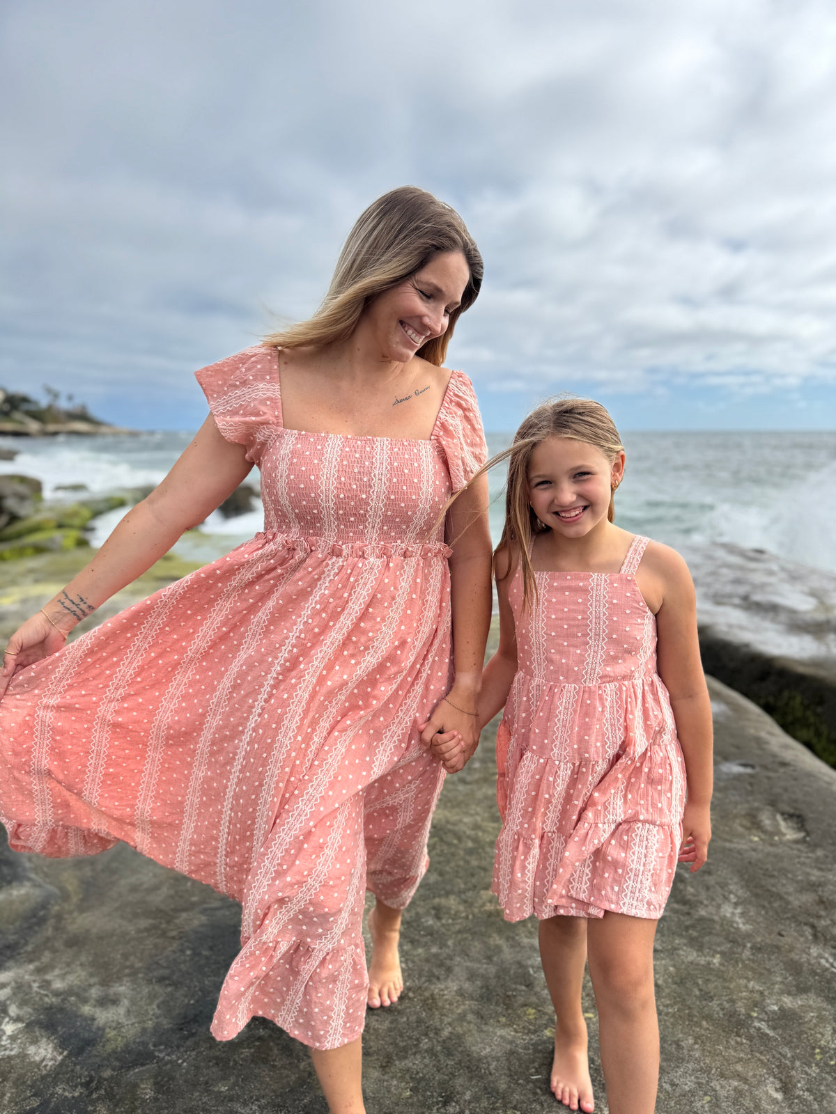 polly dress in dusty rose embroidered