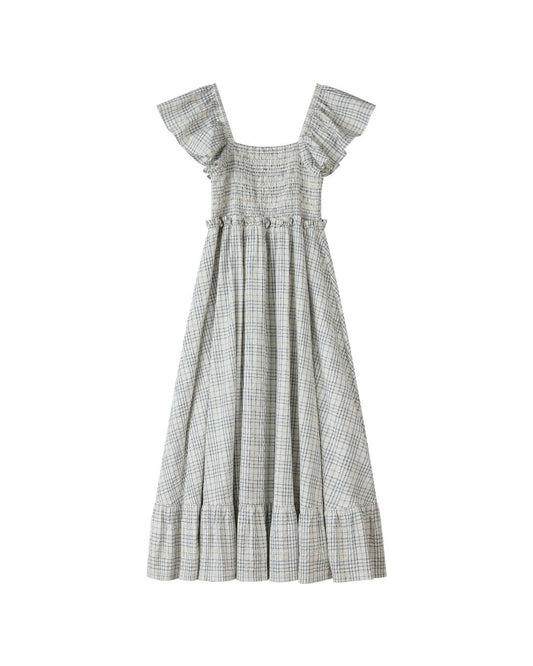 polly dress in blue plaid seersucker