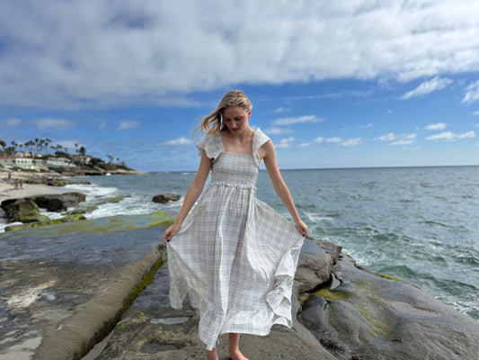 polly dress in blue plaid seersucker