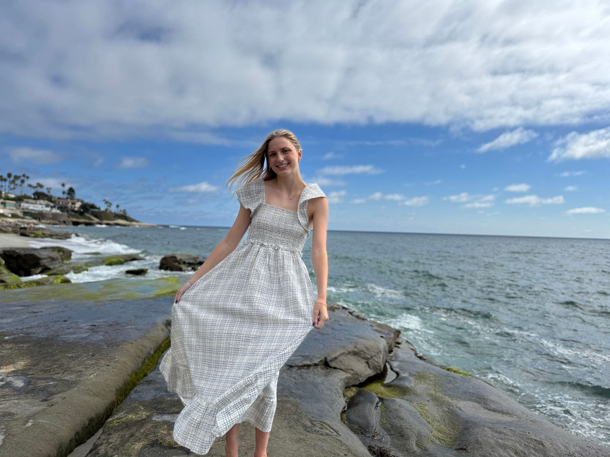 polly dress in blue plaid seersucker